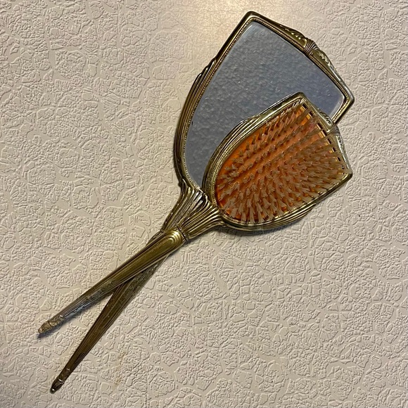 🌹Art Deco Hollywood Regency Handheld Vanity Set Mirror & Hair Brush Rose 🪞 - Picture 1 of 12